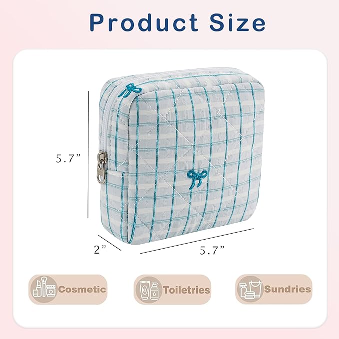 Small Quilted Striped Cosmetic Pouch for Purse, Mini Cotton Makeup Bag with Compartments, Cute Zipper Lipstick Holder for Women (25 Blue Checkered Stripes)