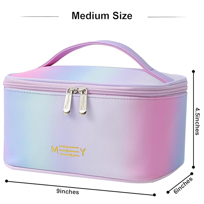 Meiyuuo Makeup Bag Large Cosmetic Bags for Women Girls Cute Travel Zipper Pouch Toiletry Organizer for Beauty Essentials Waterproof (Gradient Rainbow Pink)
