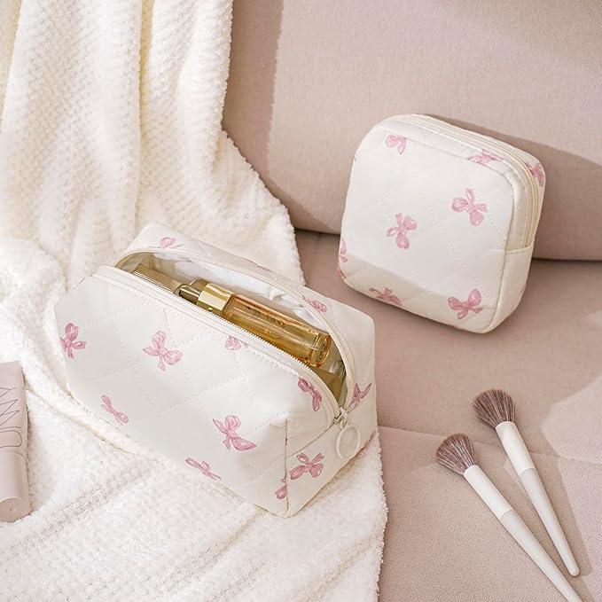 2 Pcs Quilted Cotton Makeup Bag Set, Small Aesthetic Cosmetic Bag with Bow Pattern, Cute Makeup Pouch for Purse, Kawaii Trendy Preppy Travel Toiletry Bag for Women and Girls(19 Pink Bow Set)