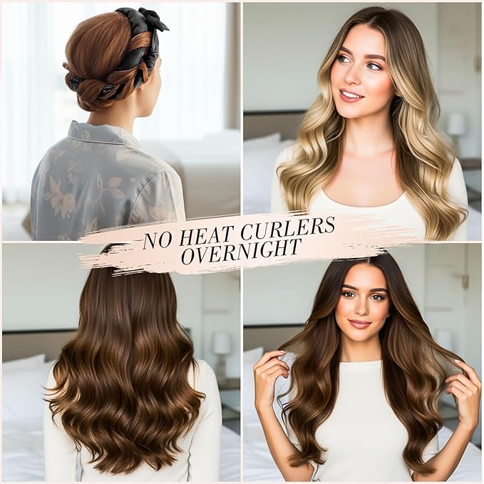 Obeoby Heatless Curls Overnight Set, No Heat Hair Curlers To Sleep In, Hair Rollers with Scrunchies and Clips for Women Long & Short Hair, black