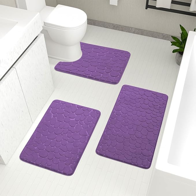YIHOUSE Bathroom Rugs Mat Set 3 Piece Purple, Memory Foam Bath Mats Sets, Non Slip Water Absorbent Washable Bath Rugs for Sink, Toilet and Floor