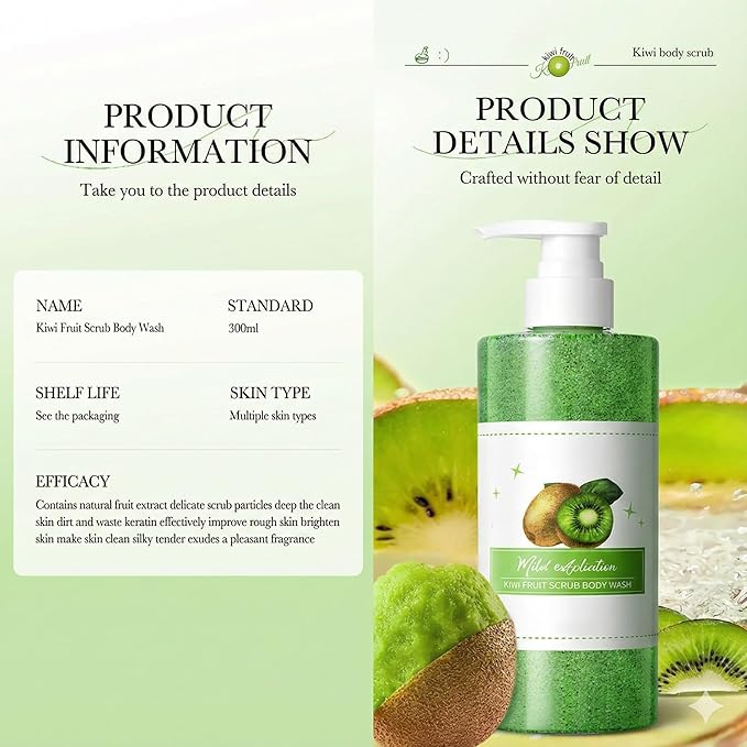 Kiwi Fruit Exfoliating Body Wash - [300ml] Vitamin C Brightening Shower Gel with Natural Seeds - Mild Body Scrub for Strawberry Legs & Rough Skin - Refreshing Scent