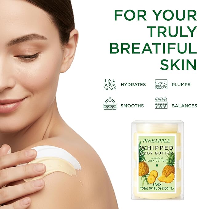 Princess Belle Pineapple Whipped Shea Body Butter, Body Moisturizer for Dry Skin, Smell Good, Pineapple Gifts for Women-2 Pack (3.4floz + 6.8 floz)