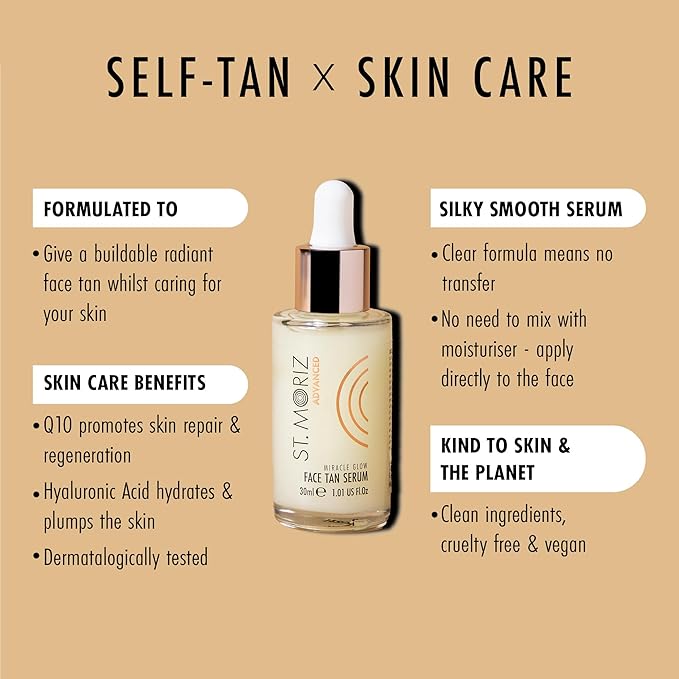 St Moriz Advanced Face Tanner Serum - Miracle Glow Hydrating Self Tan Face Serum with Q10 & Hyaluronic Acid - Natural Sunless Radiant Glow & Gradual Face Self Tanner (1.01 fl oz)