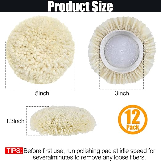 12 PCS Wool Buffing Polishing Pads 3 Inch, Natural Wool Cutting Pads with Hook and Loop Backing Compound & Polishing for Automotive Car Boats Glass Furniture Repair