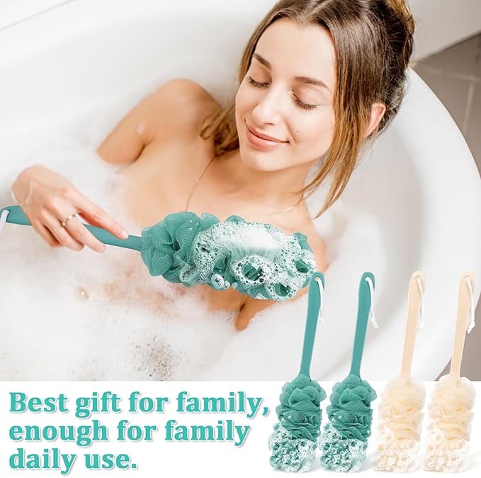 4Pack Back Scrubber for Shower Loofah with Long Handle, Shower Brush for Body, 17″ Loofah on a Stick for Men Women Bathing Accessories, Scrubber Sponge for Exfoliating Bath Brushes (Beige & Green)