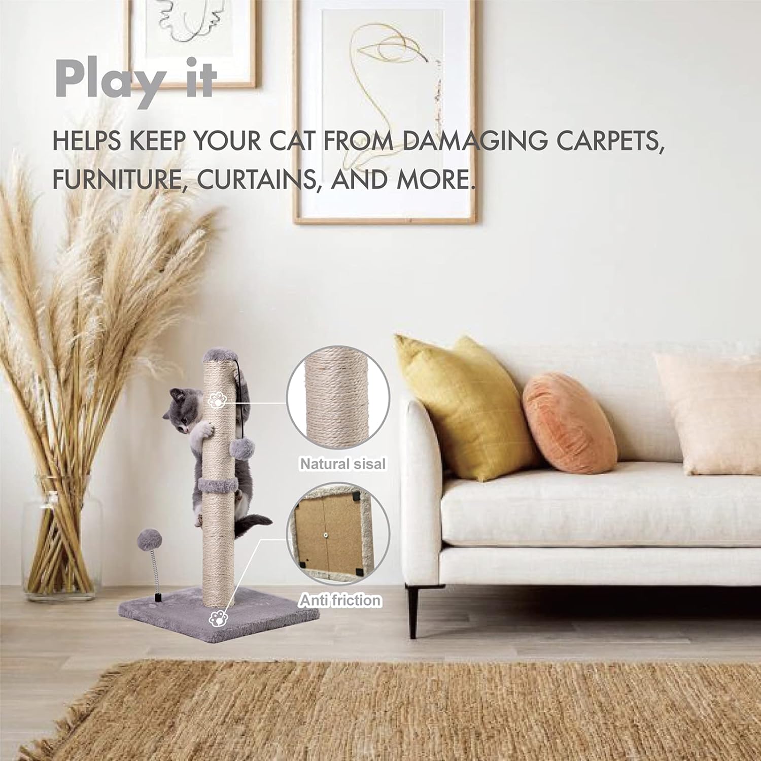 MECOOL Cat Scratching Post Premium Basics Kitten Scratcher Sisal Scratch Posts with Hanging Ball 22" for Kittens or Smaller Cats (22 inches for Kitten, Gray)