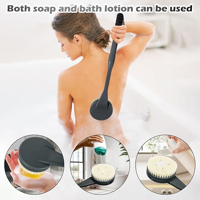 Back Scrubber for Shower, 20.5" Anti Slip Long Handle Bath Brush, Back Brush with Stiff and Soft Bristles Detachable Heads, Showering Exfoliator for Women, Men, Elderly