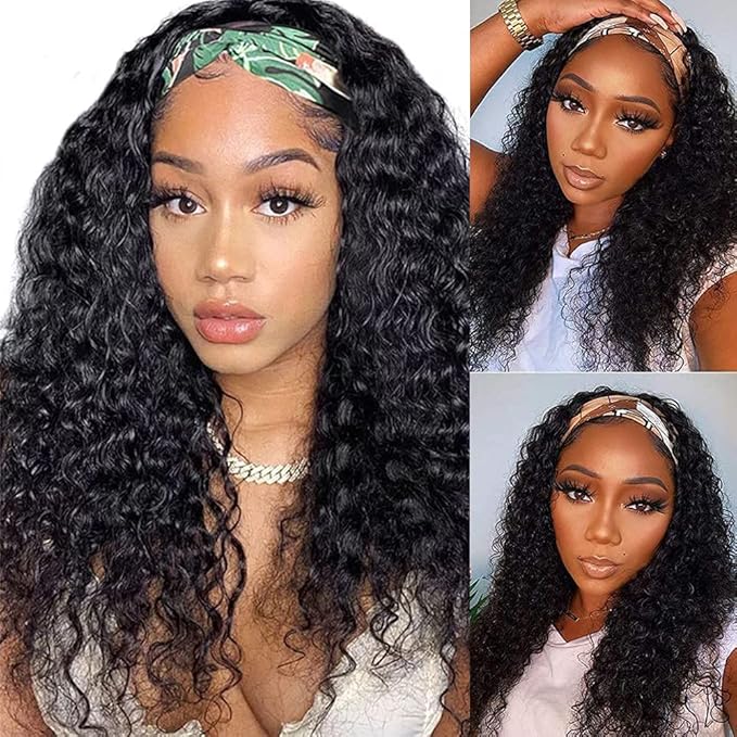 Aiterina Headband Wig Deep Wave Human Hair Virgin Hair Wigs 14 Inch None Lace Front Wigs for Black Women Deep Wave Machine Made Wig Natural Color