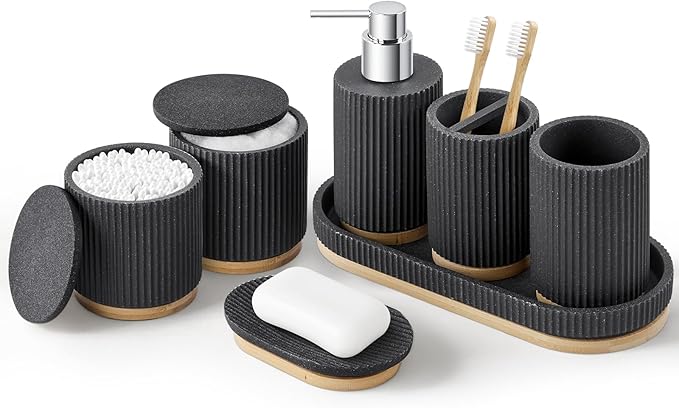 7PCS Bathroom Accessories Set, with Soap Dispenser, Q-tip Holder, Toothbrush Holder, Tumbler, Soap Dish, Vanity Tray, Bathroom Set Complete Organizer Countertop for Modern Decor, Black