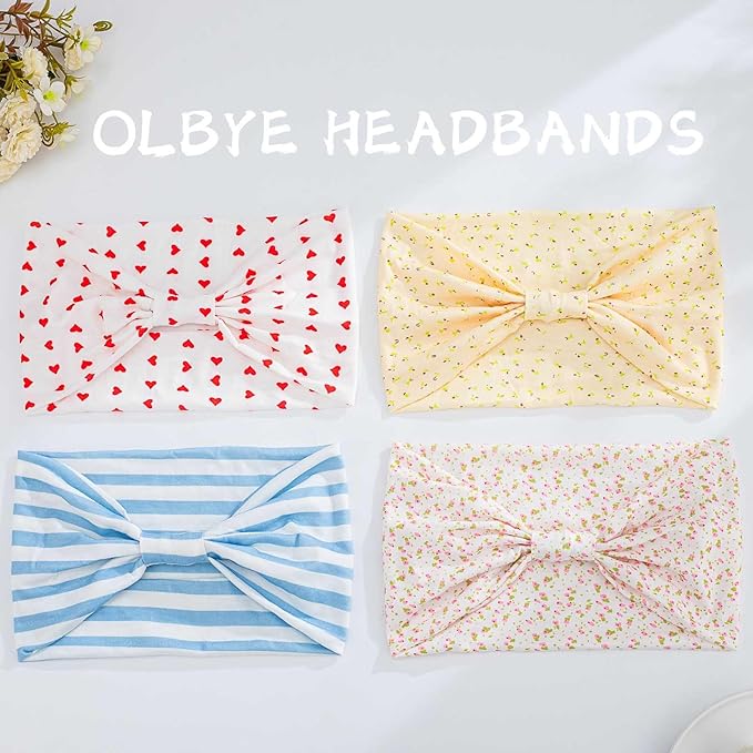 Olbye Wide Boho Headbands Floral Stretch Head Wraps Turban Knotted Yoga Hairbands Workout Hair Accessories for Women 4Pcs (Casual, 9.4 * 5.9'')