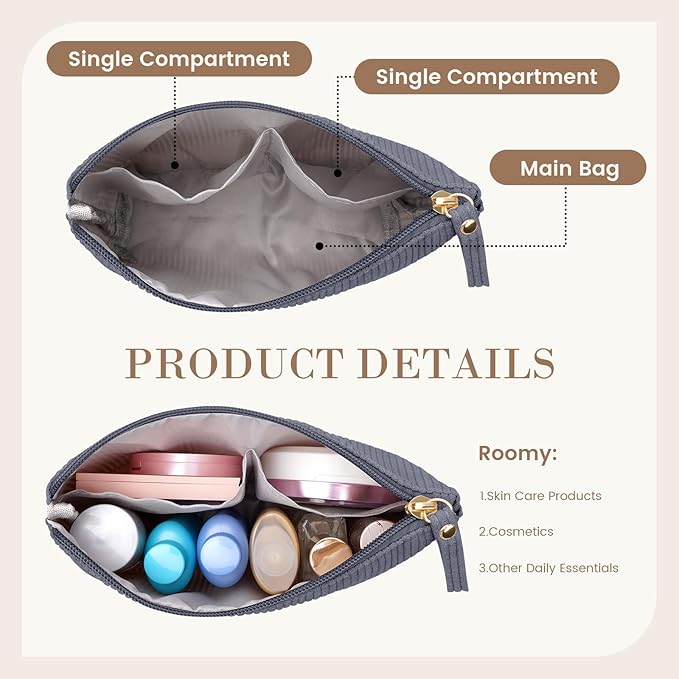 MAGEFY Small Makeup Bag, Corduroy Small Pouches for Purse Cosmetic Bag Makeup Pouches for Key Pocket Lipstick Bag Card Holder Data Cable Organizer(Grey,Small)