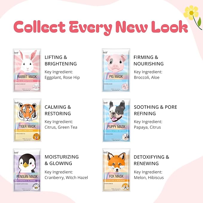 Epielle Character Face Mask Fuzzy Friends 12 Pack, Fun & Effective Korean Skin Care, Spa Party Favors, Easter Basket Stuffers, Birthday Gifts for Women, Self Care Gifts