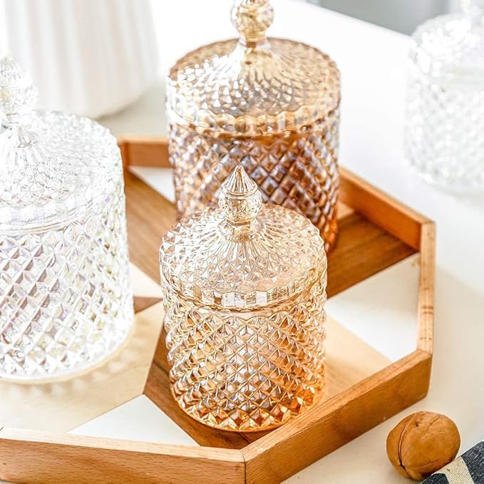 Colorful Home Decorative Jar Qtips Holder Dispenser Glass Storage Container Bathroom Counter Vanity Organizer for Bath Salts/Swabs/Rounds Makeup Sponges Toothpick Jewelry (Amber,10 oz，2