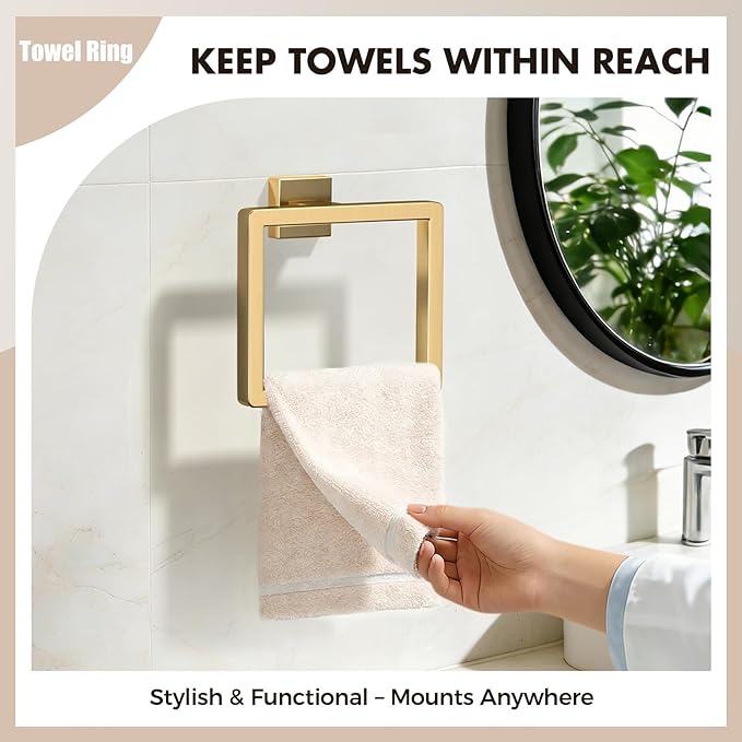 Bathroom Accessory Towel Bar Set: 15 Pieces Gold Bathroom Hardware Square SUS304 Stainless Steel - Wall Mounted Towel Rack&Toilet Paper Holder&Towel Ring and Towel Hook