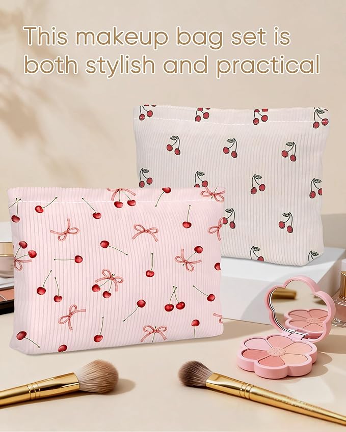 Cute Bow Cherries Makeup Pouch for Women Small Make Up Bag for Purse Zipper Initial Makeup Cosmetic Bags Pouches for Purse Aesthetic Travel Toiletry Bags,Red Pink Cherry