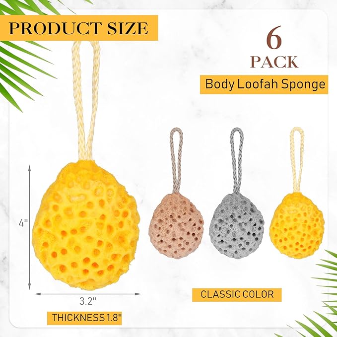 6 Pcs Bath Sponge Deep Cleansing Body Loofah Gentle and Deep Exfoliating Body Scrubber Bath Accessories Men Women Baby Sponge for Bathing Shower (Classic Color)