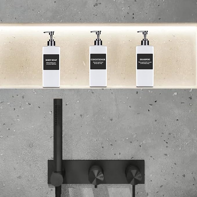 Refillable Plastic Pump Bottle Dispenser with Waterproof Labels - Empty Bathroom Soap and Body Wash Dispenser Set (White, Set of 3, 500ML)