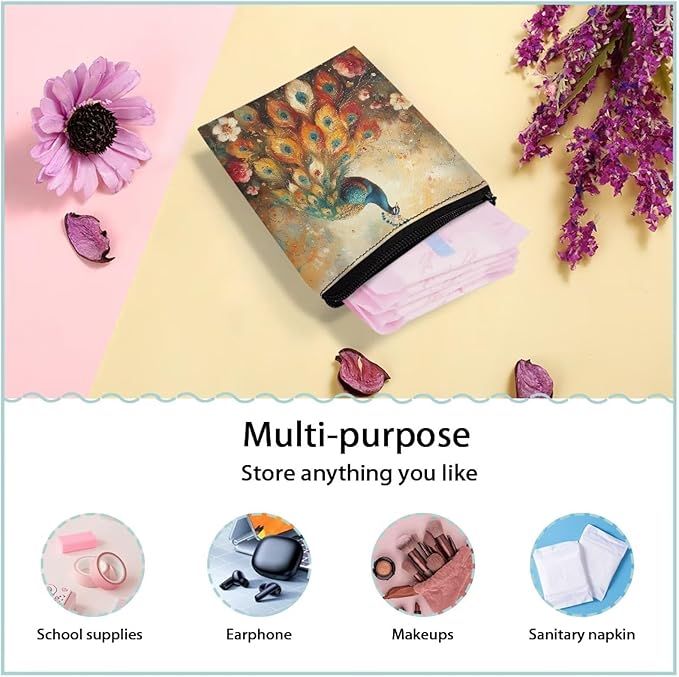 Peacock Print Period Organizer with Zipper Sanitary Napkin Storage Holder Pouch Portable Bag for Women Daily Use