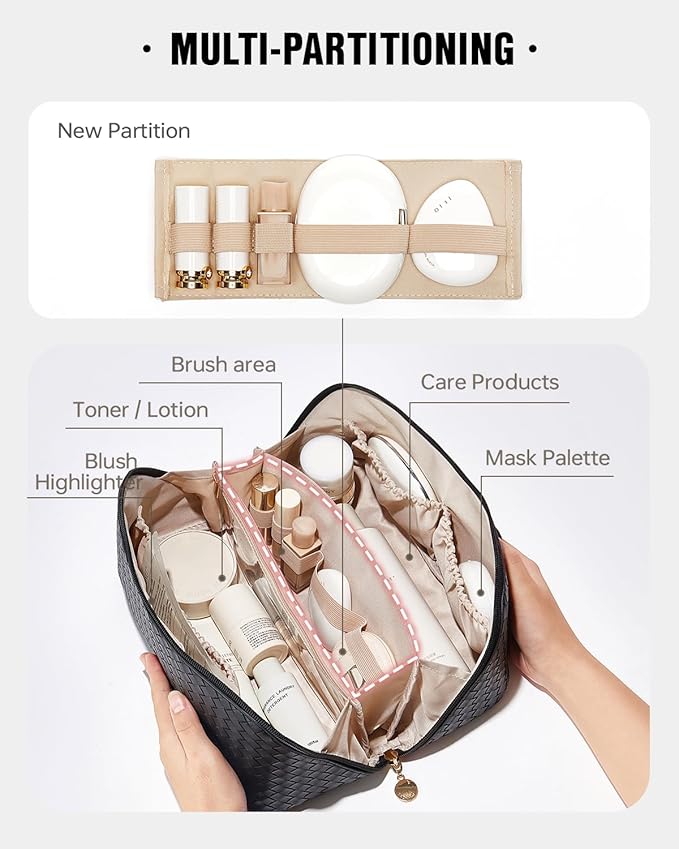 EACHY Travel Makeup Bag, Large Capacity Cosmetic Bag for Women, Waterproof PU Leather, Flat Open Portable Toiletry Bag for Skincare, Brushes & Travel Essentials