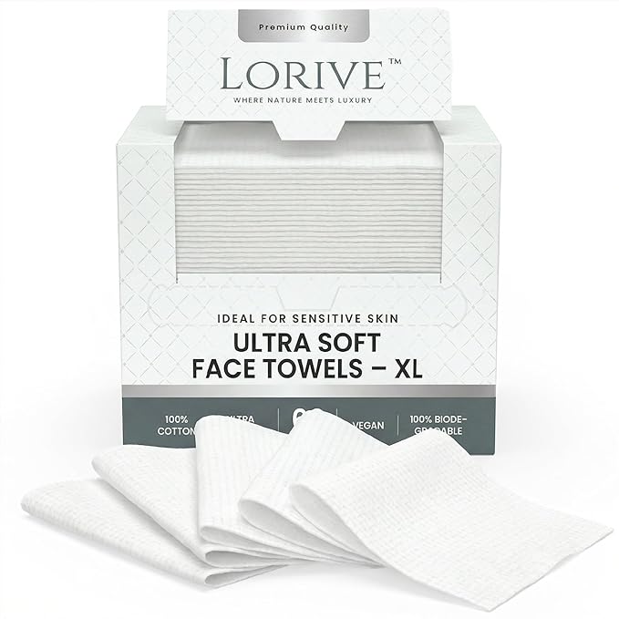 Disposable Face Towels XL 10 x 12, 60 Count – 100% Cotton Clean Skin Towels, Ultra Soft Lint Free Face Towelettes for Skincare & Makeup Removal, Thick Facial Dry Wipes for Sensitive Skin