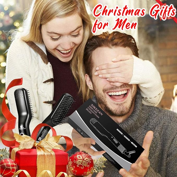 Beard Straightener for Men,Premium Heated Beard Brush Kit w/Dual Voltage Travel-Friendly,Auto Shut-Off,Anti-Scald Feature,Dual Action Hair Comb for All Beard Types,Grooming Gifts Set for Men Him