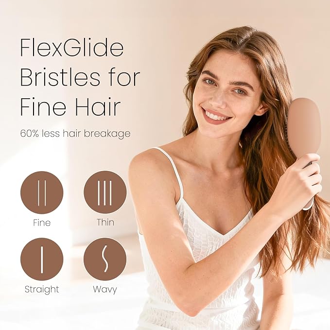 AIMIKE Mocha Mousse Detangler Brush, Pain-Free Detangling Brush with Ultra-Soft FlexGlide Bristles, Effortlessly Remove Knots & Reduce Hair Breakage, Wet Dry Paddle Brush for Women Thin Fine Hair