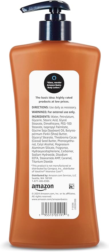 Amazon Basics Moisturizing Cocoa Butter Body Lotion for Dry Skin, Non-Greasy, Paraben Free, Lightly Scented, 20.3 Fl Oz, 4-Pack