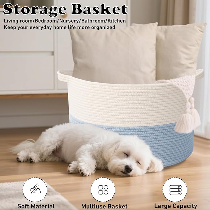 65L Large Blanket Basket,19.7" L x 19.7" W x 13" H Rope Woven Baskets with Handles, Toys Storage Bins,Laundry Basket Perfect for Living Room, Nursery,Bedroom,Home Organization,White&Blue