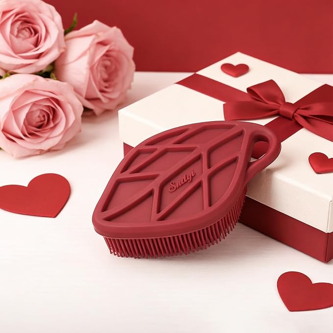 Sndyi Silicone Body Scrubber, Leaf-Shaped Shower Brush for Gentle Cleanse & Exfoliation, Soft Silicone Loofah Body Brush for Sensitive Skin, Romantic Gift for Her/Him, Festive Red