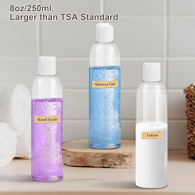 30 Pack 8 oz Clear Plastic Bottles with White Disc Caps Refillable Empty Squeeze Containers Cosmetic Bottles for Toiletries Conditioner Shampoo Lotions Gels
