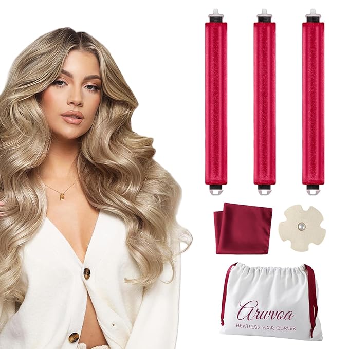 Heatless Curls Overnight Heatless Hair Curler Heatless Blowout with Luxury White Bag Silk Scarf, Curling Rod to Sleep in No Heat Curling Headband, (Burgundy 3PC)
