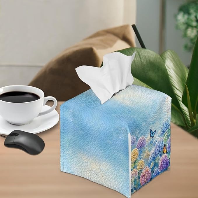 Butterflies Tissue Box Holder Stylish Waterproof PU Leather Square Tissue Box Cover with Metal Button Napkin Holder for Home Office Car Automotive Decor