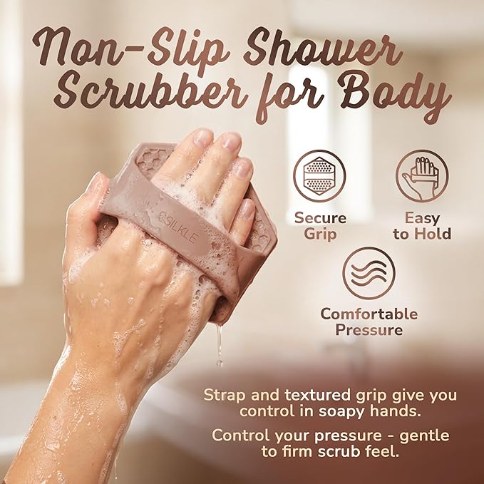 Silicone Body Scrubber – Gentle Exfoliating Shower Scrubber for Body & Bath, Silicone Shower Brush & Loofah Alternative – Non-Slip Silicone Body Brush, Quick Dry, Hygienic - Brown