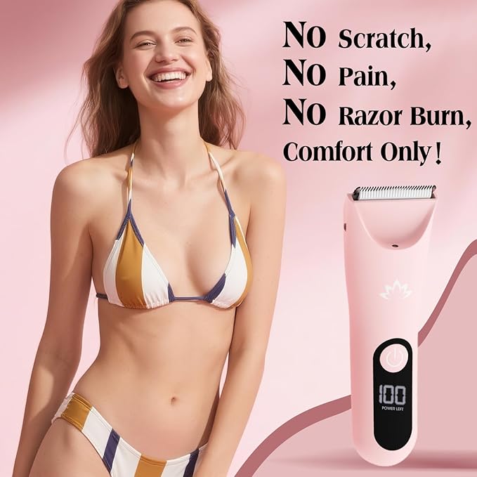 Bikini Trimmer for Women,Cordless Pubic Hair Trimmer,IPX7 Waterproof & LED Display Ladies Electric Razors Body Hair Trimmers for Underarm Leg Arm,Gifts Pink
