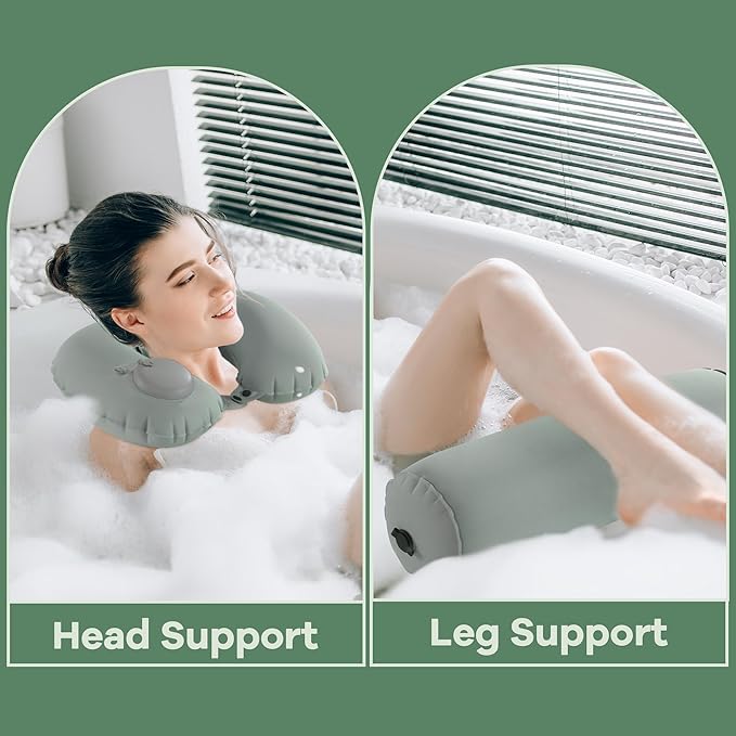 MABOZOO U-Shaped Full Body Bath Pillow for Tub 2 Pcs Inflatable Bathtub Bath Pillows with Adjustable Button for Shower, Neck Support Headrest & Leg Pillow for Relaxation Spa Soak in Bathtub