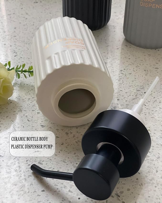 11.5 Oz Foaming Soap Dispenser for Bathroom,Kitchen Foam Soap Dispenser,Refillable Modern Foam Pump Bottle,Black Ceramic Foaming Hand Pump Dispenser (White Stripe)