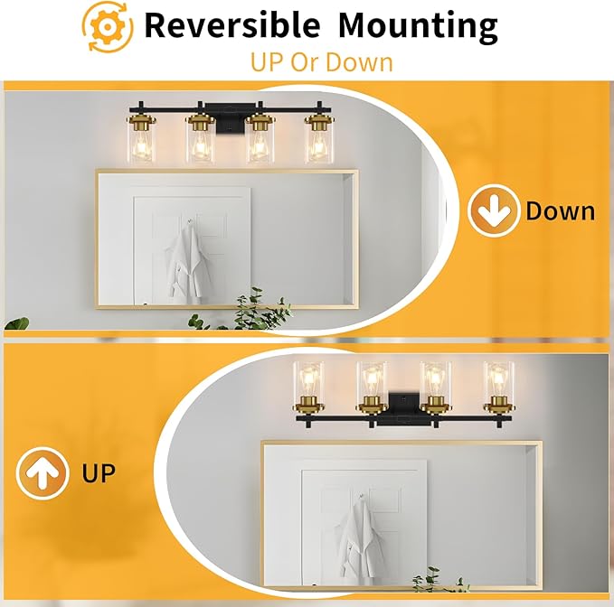 4-Lights Black and Gold Bathroom Vanity Light, Modern Bathroom Wall Sconces Lighting with Clear Glass Shade, Gold Vanity Lights for Bathroom Bedroom Living Room Porch