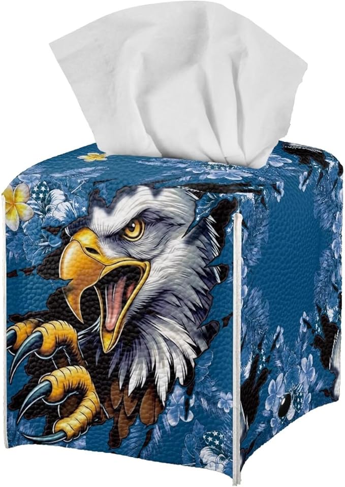 Eagle Blue Flowers Tissue Box Holder, PU Leather Square Napkin Cover with Metal Button, Waterproof Tissue Organizer for Nightstand, Dining Table, Office Desk, and Car Interior