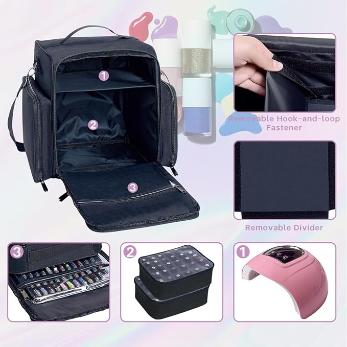 Nail Polish Organizer Holds 60 Bottles and a Nail Lamp,Portable Travel Case with 2 Removable Bags and Tools Storage Pockets Black