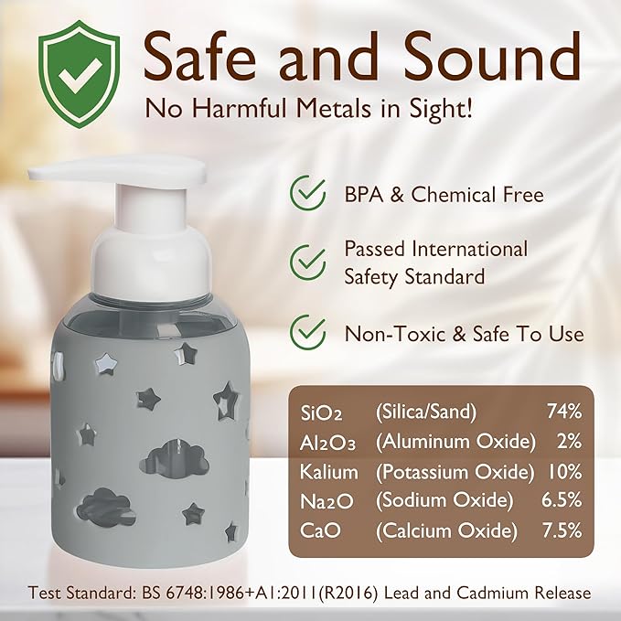 SoCal Suds & Company Foaming Hand Soap Dispenser Glass, Liquid Soap Pump with Cloud & Star Sleeve, Refillable Bottle for Kids, Baby Wash & Shampoo, Ideal for Bathroom & Kitchen Use, Light Grey, 8oz