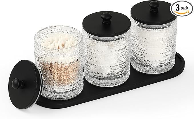 3 Pack Qtip Holder - Bathroom Organizers and Storage, Cotton Round Holder Floss Pick Holder Cotton Ball Holder with Tray, Glass Apothecary Jars with Lids, Cotton Pad Holder Set -clear b D