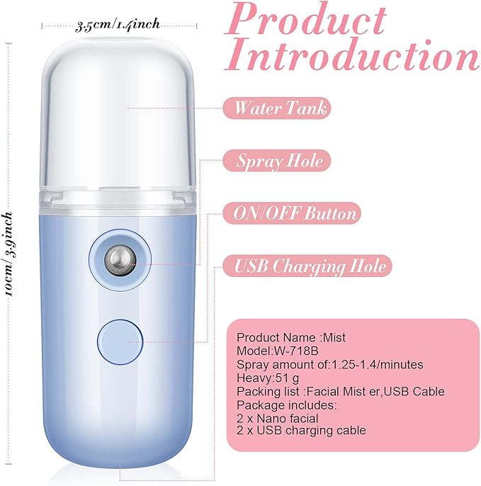 Honoson 2 Pack Nano Facial Mister Spray Bottle Handheld Humidifier Portable Face Mister for Eyelash Extensions USB Rechargeable 1 oz Mini Skin Care Machine for Daily Makeup(White and Blue)