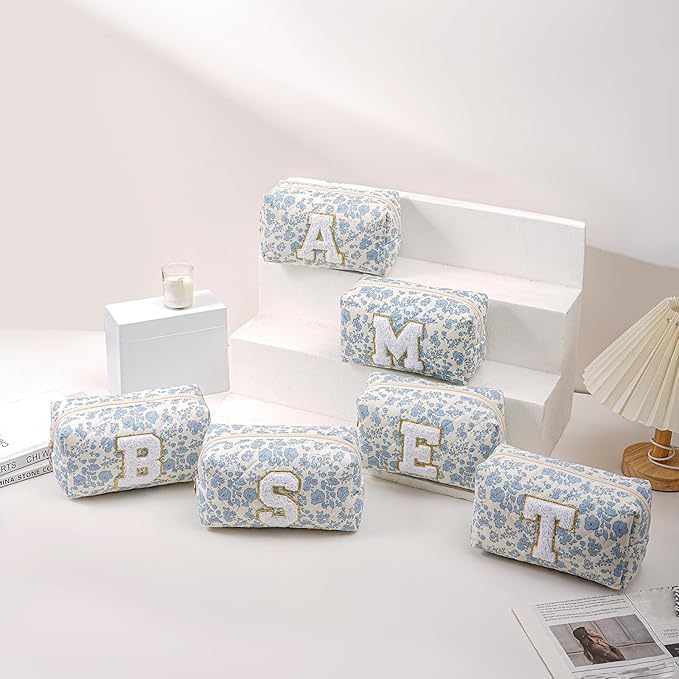 JOVAKIT Alphabet Makeup Bag Cosmetic Bag for Women, Christmas Gifts for Girls Age 6-18, Floral Flowers Coquette Travel Toiletry Zipper Make Up Pouch Organizer Trendy Stuff (Blue Floral L)