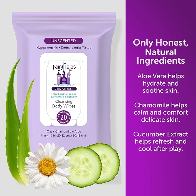 Fairy Tales Daily Cleanse XL Wipes for Kids – Extra Large Body Wipes, Gentle Disposable Washcloths, Unscented, Alcohol Free Cleansing Cloths – 3 pk (60ct total)