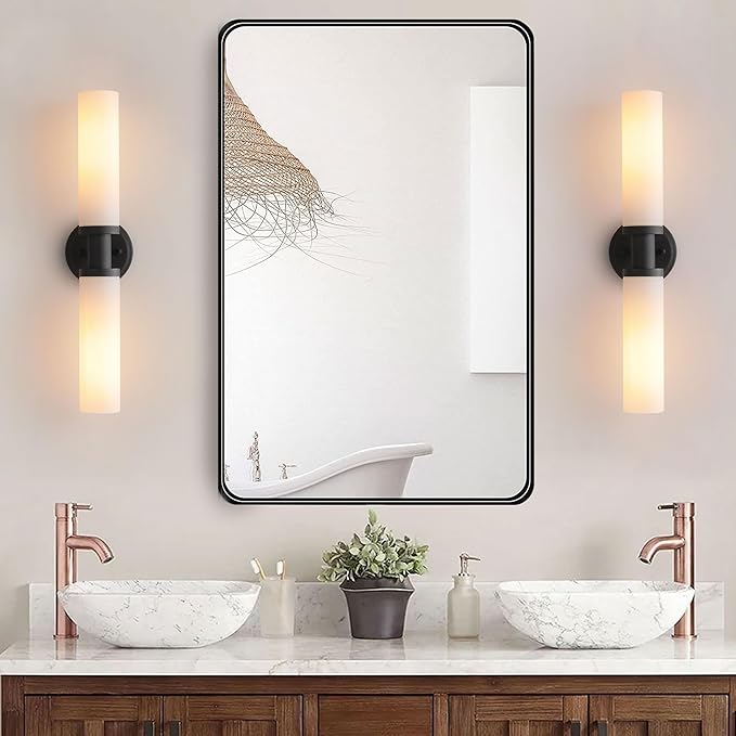 Wall Sconces Set of Two,Matte Black Bathroom Sconces Wall Lighting with White Glass, Modern Sconces Wall Decor Set of 2 Wall Light fixtures for Bathroom Mirror Living Room Hallway Bedroom Wall Lamp