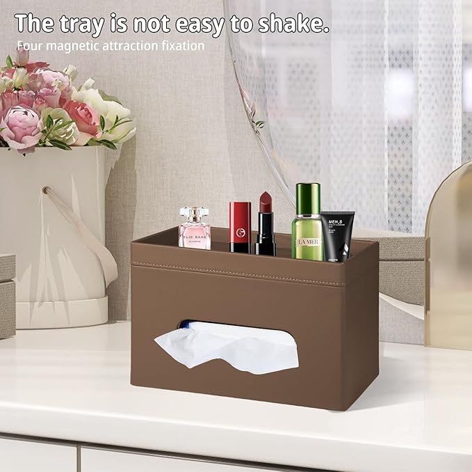 PU Leather Tissue Box Cover Rectangle with Detachable Storage Tray,Fits 230-Count Box Tall Rectangular,Modern Decorative Tissue Box Holder/Organizer for Bathroom,Bedroom Dresser,Night Stand