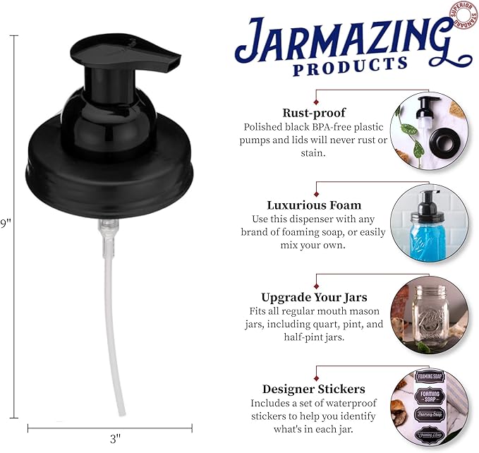 Jarmazing Products Mason Jar Foaming Soap Dispenser Lids - Includes Waterproof Stickers! Black - 2 Pack
