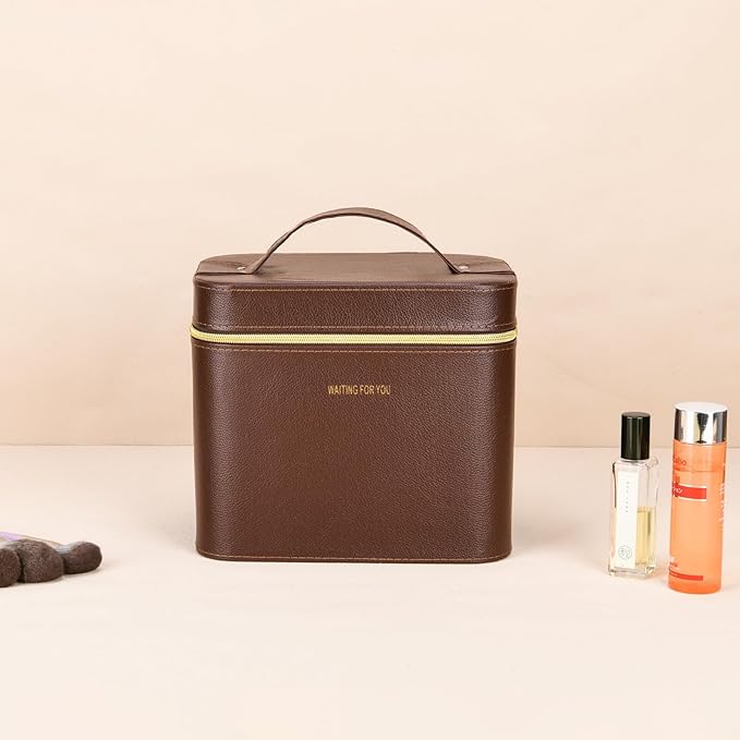 Luxury brown makeup box, Portable leather hard cosmetic case with mirror, Sturdy train case make up box for women adults. (Double-layer-Brown)