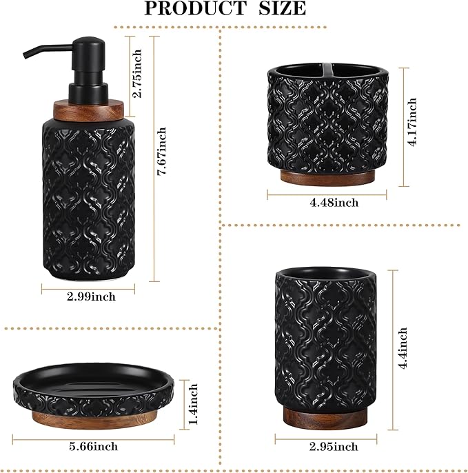 Elegant Bathroom Accessories Set 4 PCS Ceramic and Wood Bathroom Accessory Set Soap Dispenser Toothbrush Holder Tumbler Soap Dish Easy to Clean Quatrefoil Pattern Black
